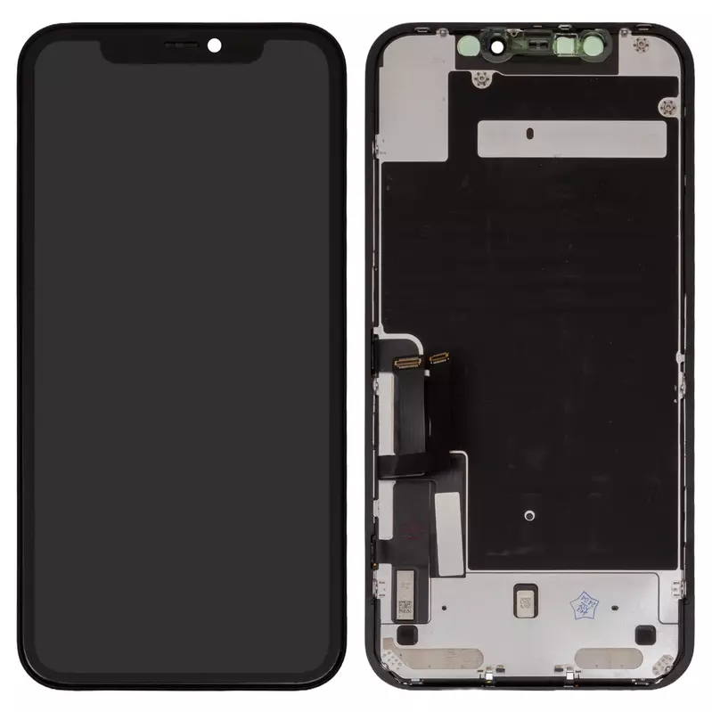 LCD compatible with iPhone 11, (black, with frame, change glass, with camera and proximity sensor plastics)