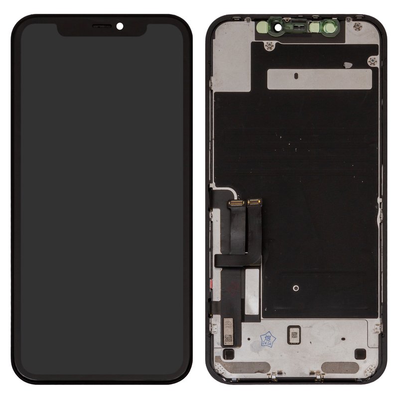 LCD compatible with iPhone 11, (black, with frame, change glass, with camera and proximity sensor plastics, Toshiba/Sharp version)